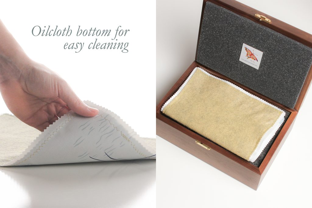 Cloth mat (approx. 14 inches x 11 inches) to set the table for your chalice, paten, and cups. The bottom side is "oilcloth" cleanable by wiping with soap and water or sanitizer and the top side is a woolblend felt which is washable.