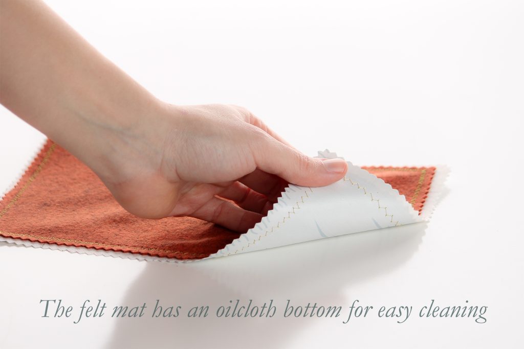 Cloth mat (approx. 10 inches x 7 inches) to set the table for your chalice and paten. The bottom side is "oilcloth" cleanable by wiping with soap and water or sanitizer and the top side is a woolblend felt which is washable.