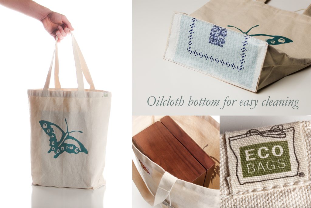 Carrying bag with cleanable "oilcloth" bottom on the outside (nice for setting your bag down in a hospital or nursing home) large enough to include the set as well as your Bible, extra bread loaf, calling cards (see my All Occasion Cards), and anything you need when you visit. This bag is custom made with my butterfly logo by EcoBags, which certifies that the bags are recycled cotton, made "fair wage, fair labor" and their saying is that they are "cleaning up the planet one bag at a time." We support their efforts! I sew the "oilcloth" (vinyl) on the bottom. Note that the pattern on the oilcloth will vary from what is pictured.