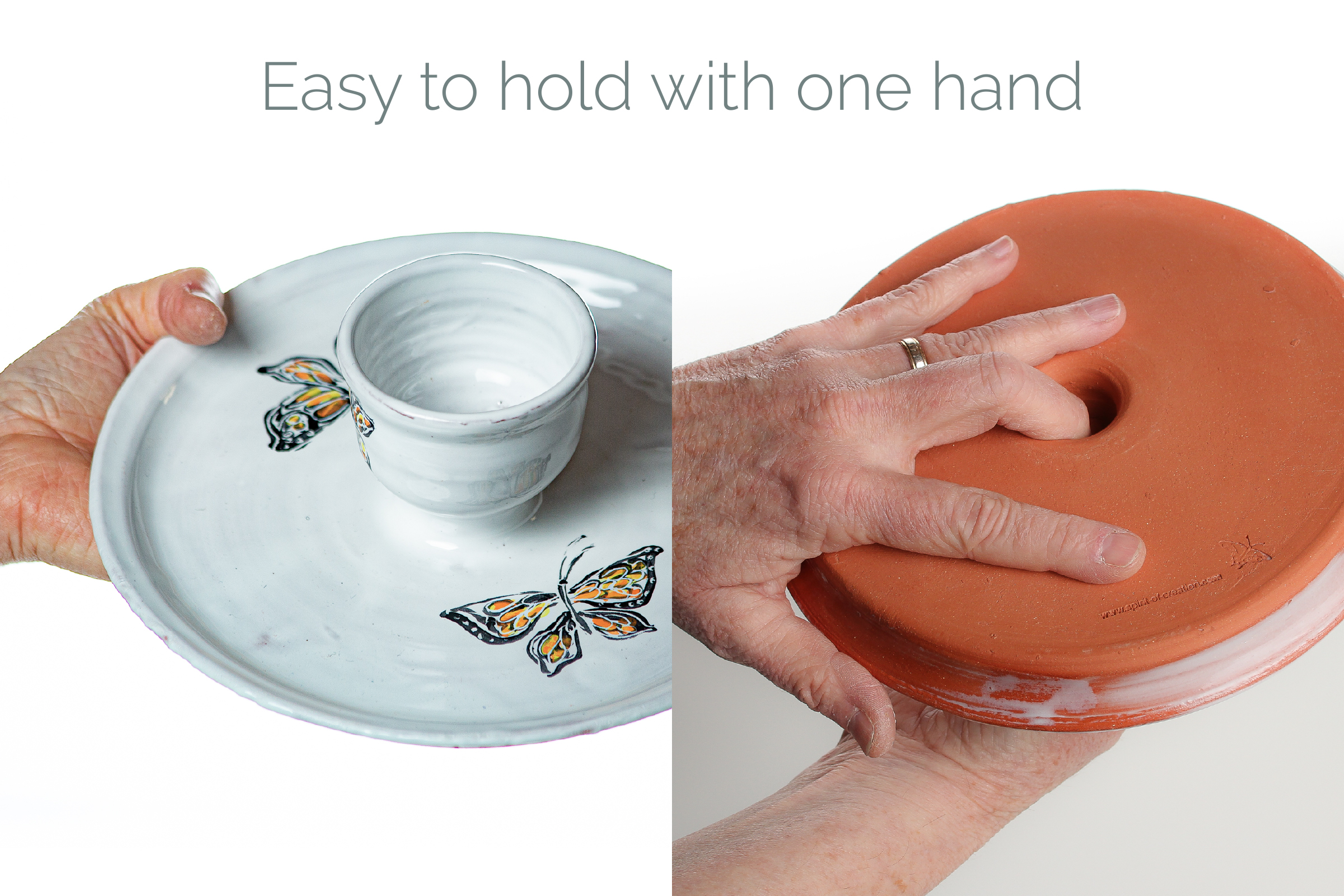 One hand to hold the communion tray with attached chalice cup, and one hand to assist those you are serving! There is a fingerhold (a hole in the stem of the chalice) in which to place your finger, which gives a firm control of the paten (tray). This allows you to serve the elements with one hand, freeing your other hand to hold a paper or booklet, or to assist those you are serving.